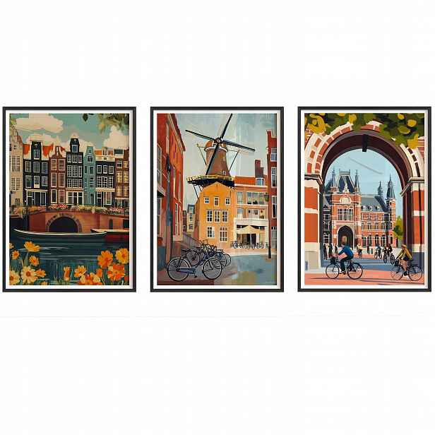 Obrazy Amsterdam Jízdní kola Plakáty Rámky dřevěné černé 3ks 30x42 cm
