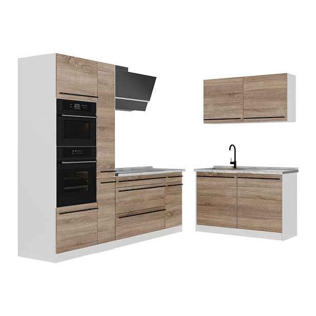 Vicco ROHOVÁ KUCHYŇ R-Line, Sonoma/Bílá, 230 x 120 cm pracovná doska Mramor