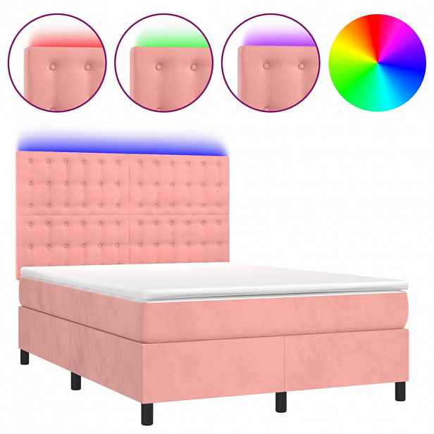 vidaXL Box spring postel s matrací a LED růžová 140x190 cm samet