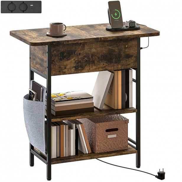 Modfu ODKLÁDACÍ stolek ze dřeva 60x29,8x58,5 cm rustikálně hnědý s zásuvkami, USB porty a úložným prostorem