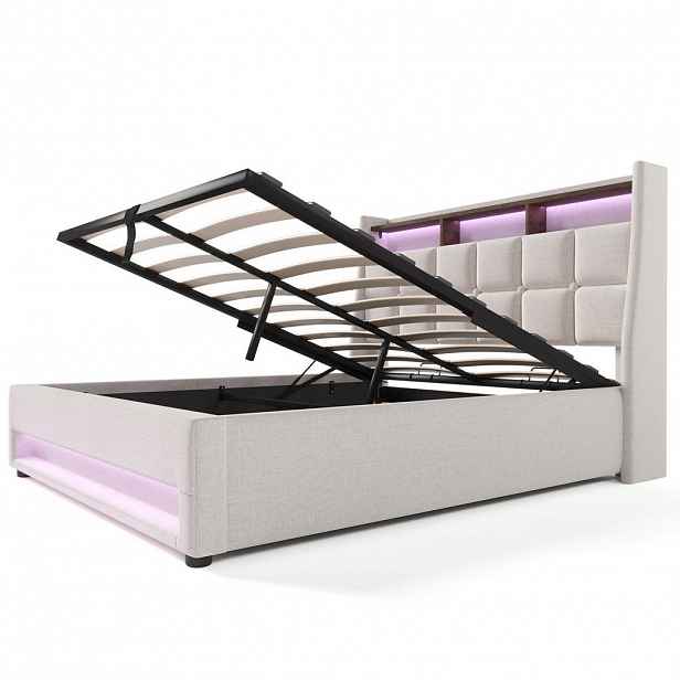 Redom ČALOUNĚNÁ postel 140/200 cm s LED osvětlením, USB portem a úložným prostorem, Béžová