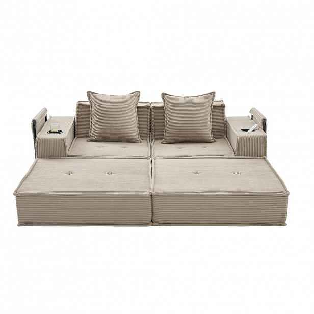 Modfu DVOJSEDÁK z manšestru 162x78x66 cm khaki se 2 polštáři a bočními kapsami, modulární pohodlí