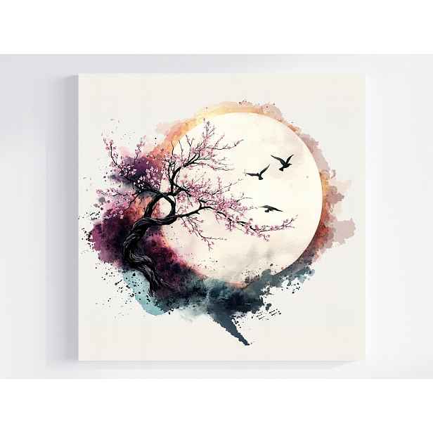 Obraz Na Plátně Canvas Grafika Měsíc Ptáci Višeň Sakura Japandi 50x50