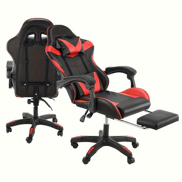 TEMU Ergonomická herní židle, výškově nastavitelná kancelářská židle s bederním polštářem + opěrkou hlavy, pohodlná bederní opěrka, sklopení o 135°,