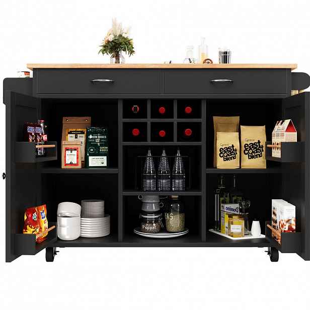 OKWISH KUCHYŇSKÝ ostrůvek 102/45/92 cm černý z MDF a kovu s úložným prostorem a pojezdovými kolečky