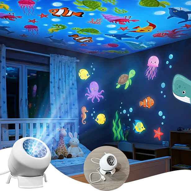 TEMU Dynamické noční světlo s projekcí oceánu a 360° otočnou projektorovou lampou, napájené přes USB, vhodné pro pokoj, noční osvětlení u postele,