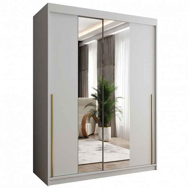 Home Collective SKŘÍŇ S POSUVNÝMI DVEŘMI se zrcadlem, šířka 150 cm, bílá se zlatým úchytem