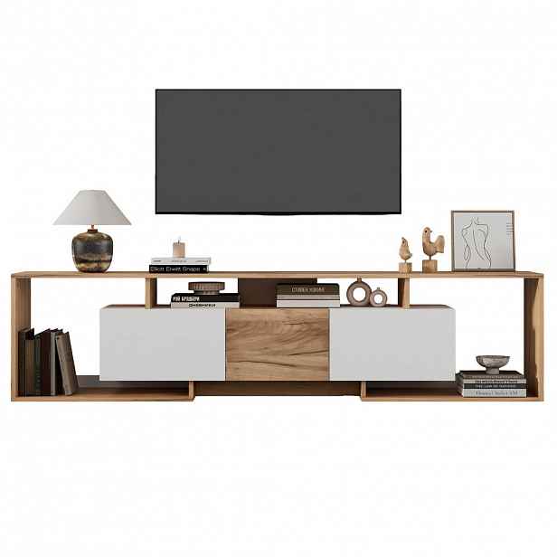 STILVORA BÍLÝ a přírodní TV STOLEK se 2 výklopnými dvířky do obývacího pokoje, 180x30x49 cm