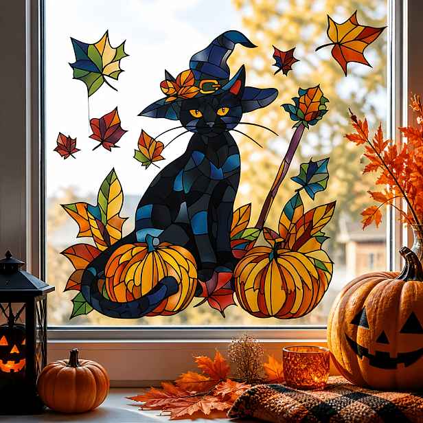 TEMU 1ks Halloweenská vitrážová samolepka na okno s černou kočkou, oboustranná čarodějnický klobouk, černá kočka, dýně a javorový list, samolepicí