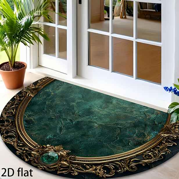 TEMU 2D Plochá Polokruhová Rohožka, Zlatý Rám - Vhodná pro Vnitřní/Venkovní Použití, Elegantní Zelený a Zlatý Design, Ideální pro Vstupní , Zahradu,