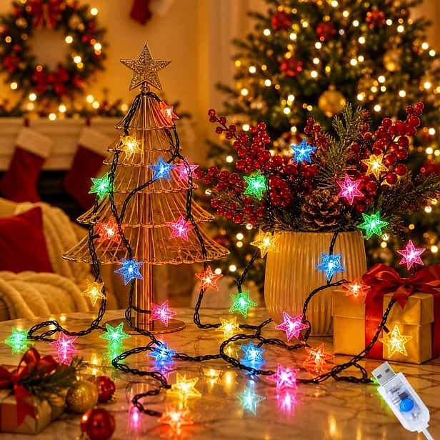 TEMU Vánoční hvězdicová USB řetězová světla s 100/50/20 LED, dostupná ve 12/7/5 metre, 8 režimů, venkovní řetězová světla, vhodná pro ložnici,