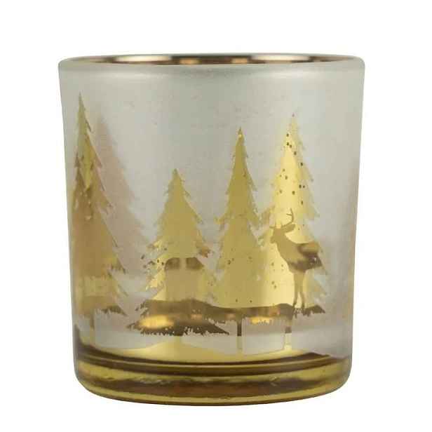 Zlato-bílý skleněný svícen se stromky vel.S - Ø 7*8cm Mars & More