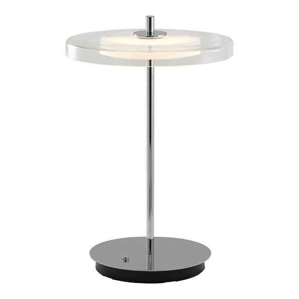 Ocelová LED stolní lampa s USB portem ve stříbrné barvě se skleněným stínidlem (výška 31 cm) Asteria Move – UMAGE