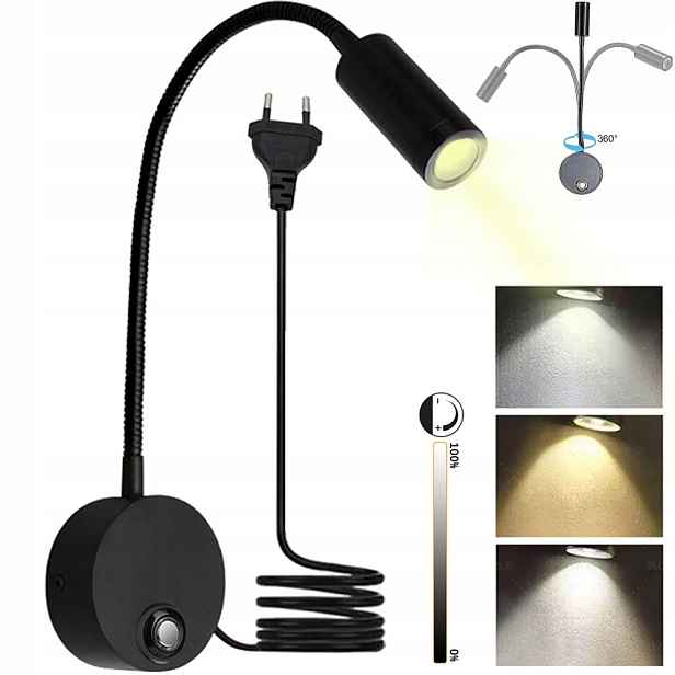 Led Nástěnná Lampa Na Čtení, Nastavitelné Nástěnné Svítidlo, Kov, 3 W, Vypínač, Černá