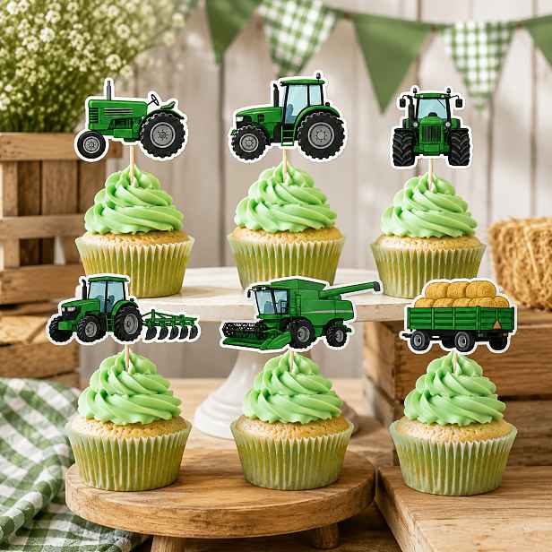 TEMU 24 ks ozdob na cupcakes s traktoru a kombajnu, zelené traktorové kombajny s přívěsem, zemědělská vozidla, ozdoby na dorty, dekorace na