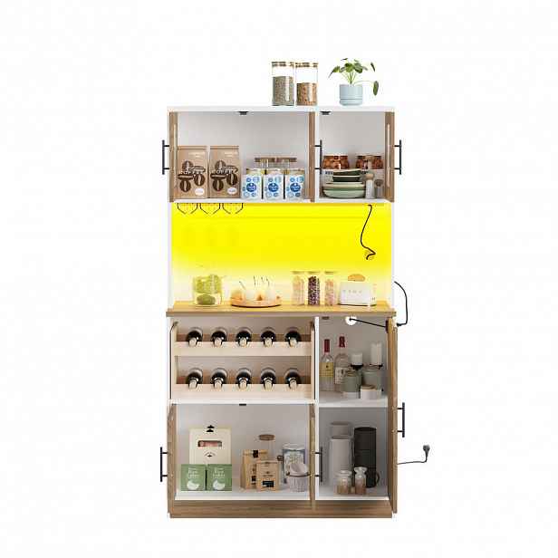 OKWISH KUCHYŇSKÁ skříň 100/40/180 cm bílá a přírodní z MDF s LED osvětlením a zásuvkou