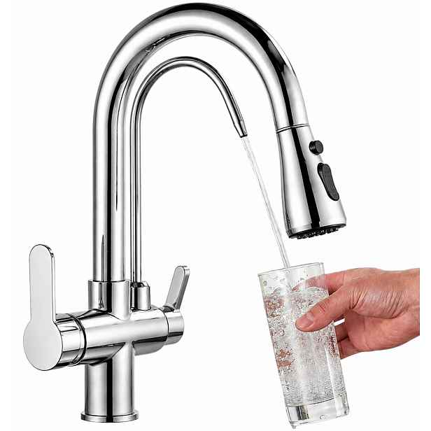 Kuchyňská baterie 3v1 třícestná pro vodní filtr Vytahovací Sprcha Chrom