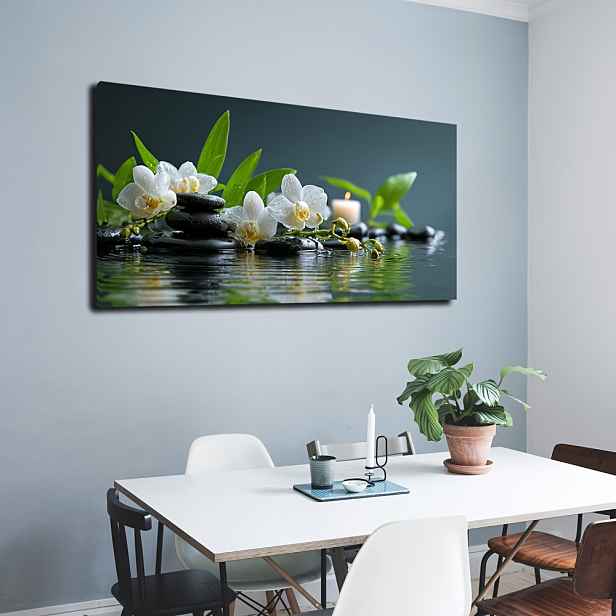 TEMU 2D plochý obraz, 2D plochý obraz, 2D plochý obraz 1 ks bez rámu, moderní styl, s bílou orchidejí a kapkami vody a zelenými , rozměry 50 x 100 cm