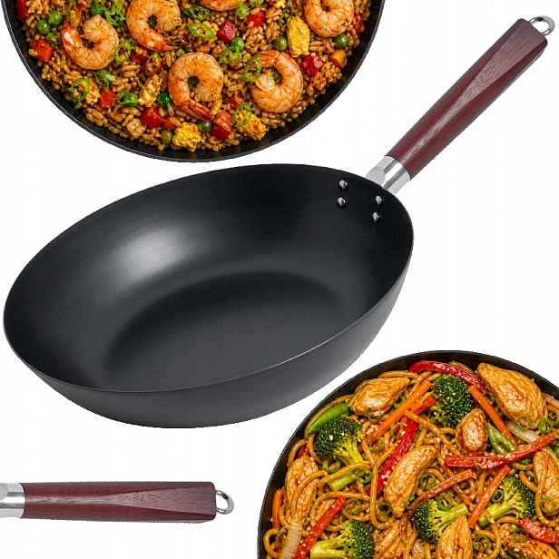 Wok pánev z uhlíkové oceli s plochým dnem 30 cm pro každou varnou desku Emro