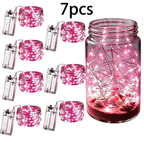 TEMU 7dílná sada, 299,72 cm, růžové LED světelné řetězy, multifunkční dekorativní světelné řetězy, 3 m dlouhé, růžová srdce, pro vnitřní dekoraci,