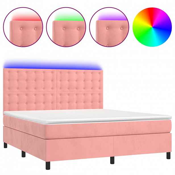 vidaXL Box spring postel s matrací a LED růžová 180x200 cm samet