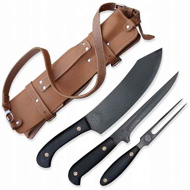 Bbq sada s vidlí Sandvik black Sun 340 mm v kožené brašně