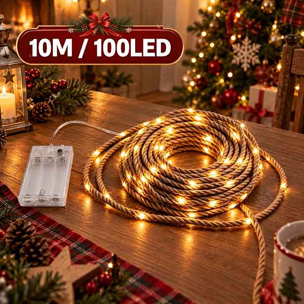 TEMU Extra dlouhé 500 cm/1000 cm LED řetězové světla z jutového lana v teplých tónech pro kutily, na baterie bez potřeby napájecího kabelu. Moderní