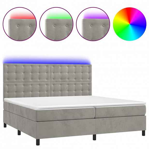 vidaXL Box spring postel s matrací a LED světle šedá 200x200 cm samet