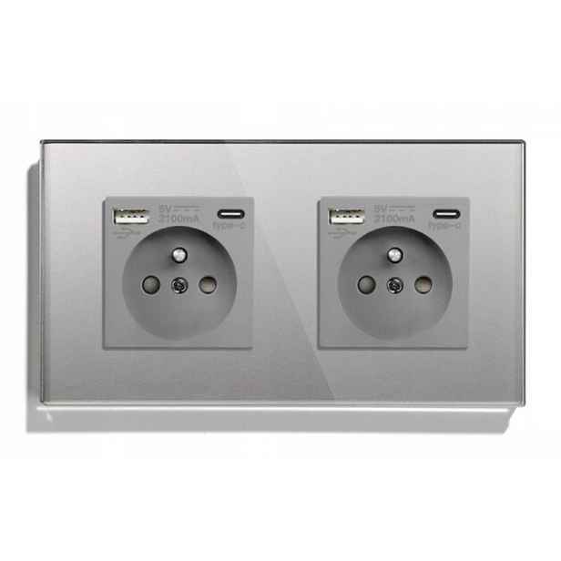 Dvojitá Skleněná Zásuvka Usb A+c Quick Charge 20W Qc 3.1A Kontakt 16A