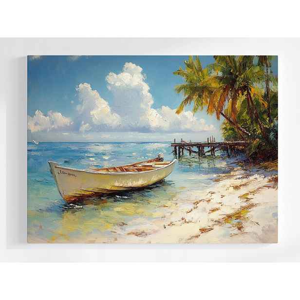 Plakát Krajina Oceán Pláž Palmy Přístav Molo Loďka 100x75