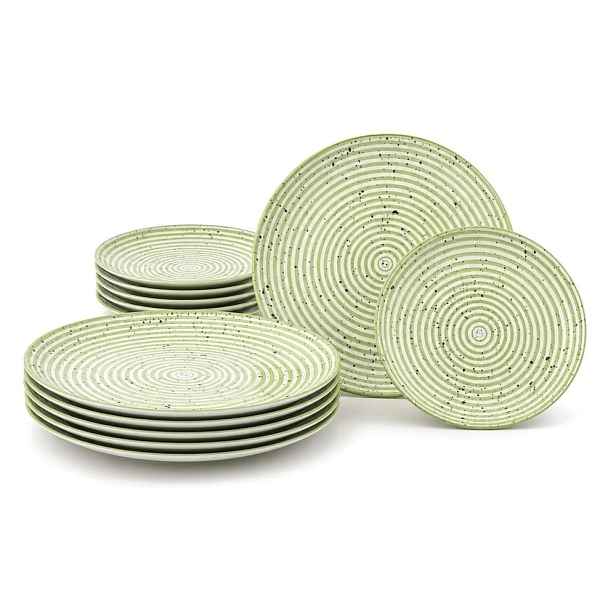 Obědové a dezertní talíře pro 6 osob, porcelánové, zelené s proužky