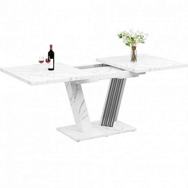 Modfu JÍDELNÍ stůl z MDF a kovu 120x80x76 cm bílý, rozkládací s nastavitelnými nožkami a mramorovým dekorem