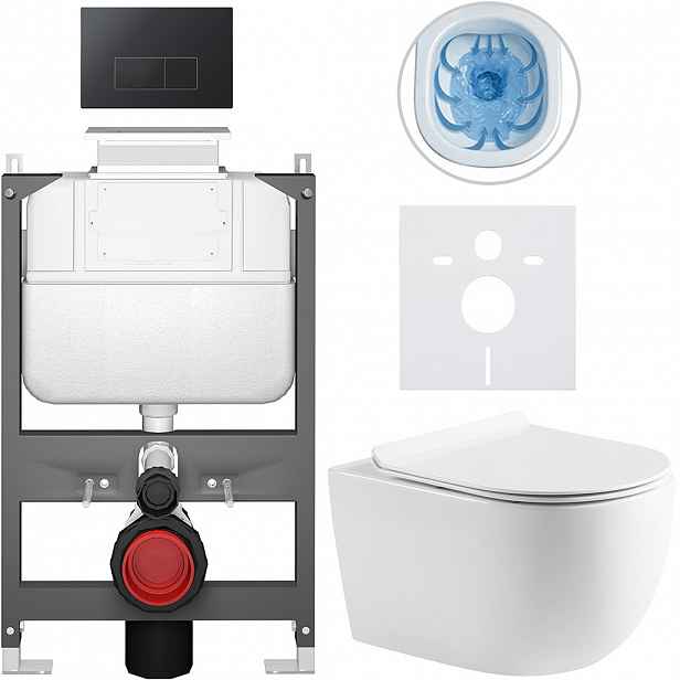 Kompletní WC set Basic/Felci - bílá lesklá - WC tlačítko Modulo/Černá - ovládání shora - předstěnová instalace - 53x37 cm