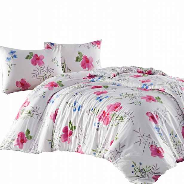 Povlečení flanelové 140x200 bílá růžová, květy, listy s povlakem Flanelove
