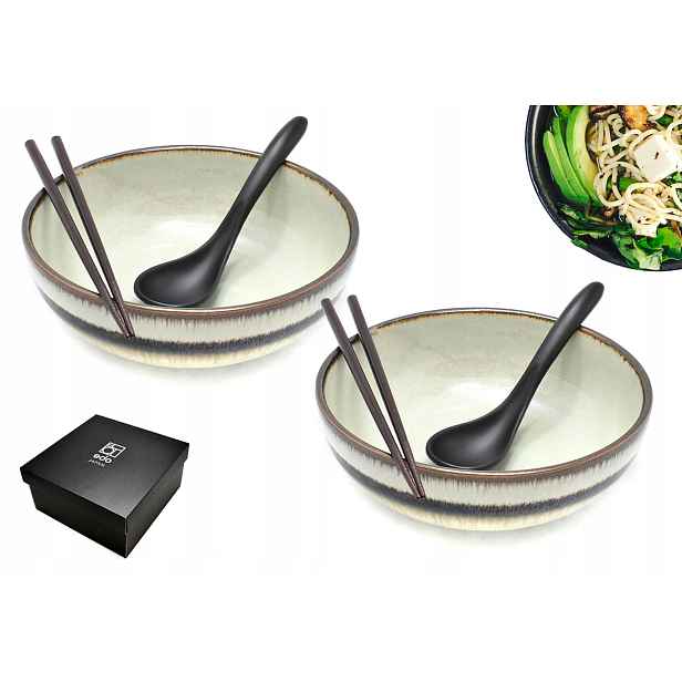 Sada 2 misek s lžícemi a paličkami Ramen Wasabi 20 cm Box