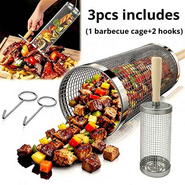 TEMU 3dílná sada obsahuje (1 grilovací klec + 2 háky), s rukojetí, přenosný gril na BBQ z nerezové oceli, sada grilovacích nástrojů, nerezový