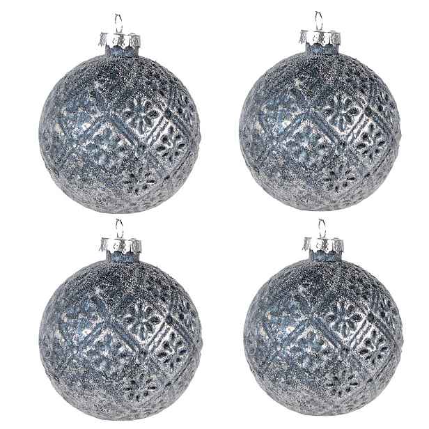 Set 4ks modro-stříbrná vánoční skleněná ozdoba koule - Ø 8*8 cm Clayre & Eef