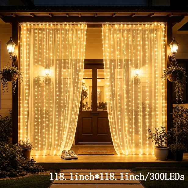 TEMU Extra velký panoramatický závěs s vodopádovým světlem 118,1 x 118,1 palců, 300 ks LED diod s vysokým jasem, napájení přes USB, 8 dynamických
