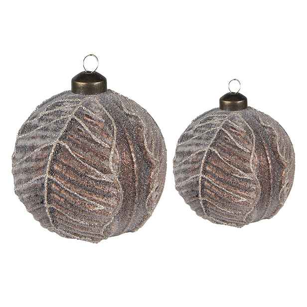 Set 2 ks bronzových skleněných vánočních koulí s motivem listů – Ø 10 cm a Ø 8 cm Clayre & Eef