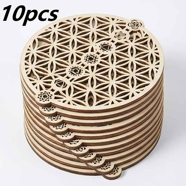 TEMU Balení 10 ks Dutých Dřevěných Dekorací s Mandala Květinami, Vhodné na Zeď, Stůl, Meditační , Podtácek a Sváteční Přívěsek, Závěsná Dekorace pro