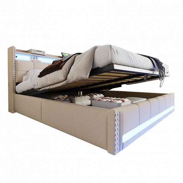 Redom ČALOUNĚNÁ postel 180 x 200 cm s LED osvětlením, USB portem, hydraulickým úložným prostorem a policemi v čele, Béžová