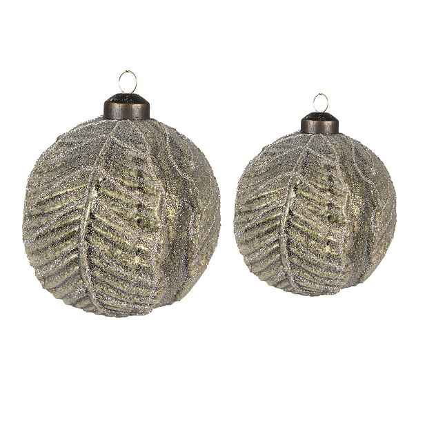 Set 2 ks zelených skleněných vánočních koulí s motivem listů – Ø 10 cm a Ø 8 cm Clayre & Eef