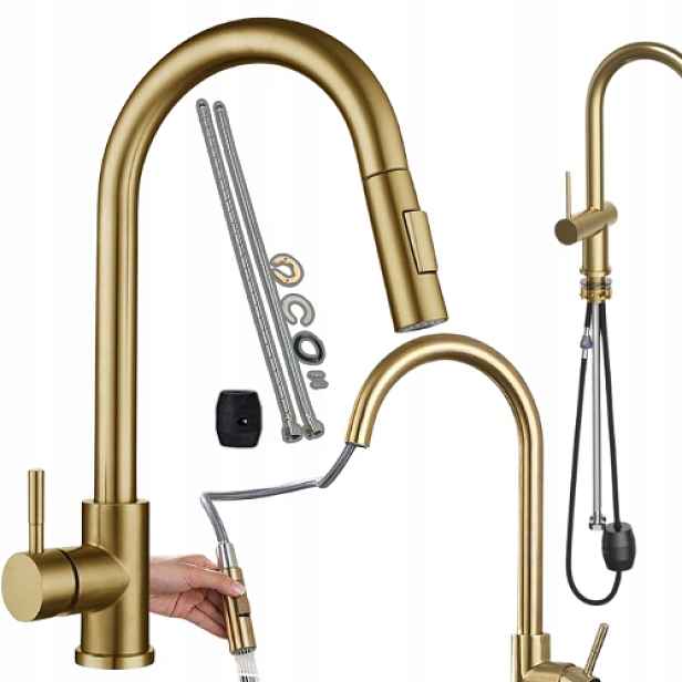 Kuchyňská Baterie Chromová Vysoká S Vytahovací Sprškou Otočná Zlatá 38 Cm