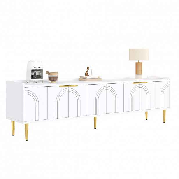OKWISH TV stolek 170/35/47,5 cm bílý z MDF s kabelovým průchodem a zlatými detaily