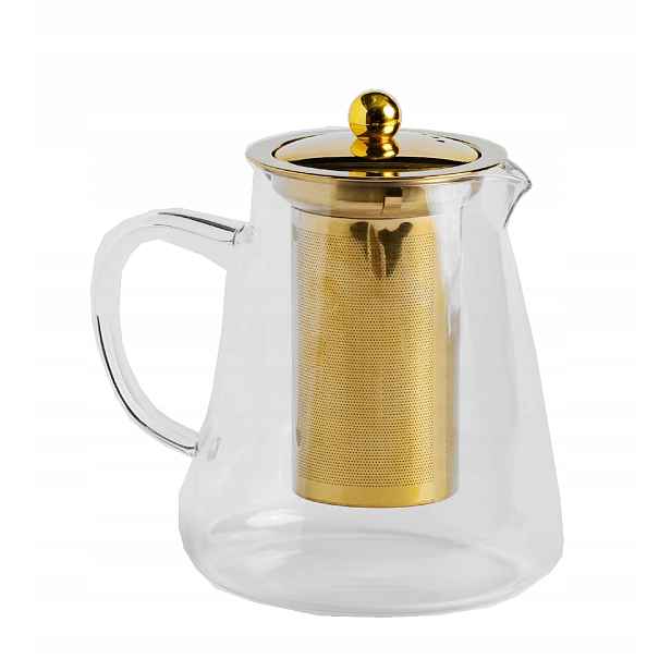 Čajová konvice se sítkem se zlatým víkem, skleněný, 0,6 l, s rukojetí, zlatý