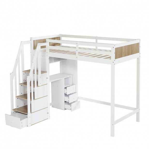 KOMHTOM PATROVÁ POSTEL 90 x 200 cm se 4stupňovým žebříkovým úložným prostorem v bílé + přírodní barvě