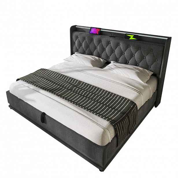 Redom ČALOUNĚNÁ postel 140/200 cm s LED osvětlením, USB a hydraulickým úložným prostorem, Šedá