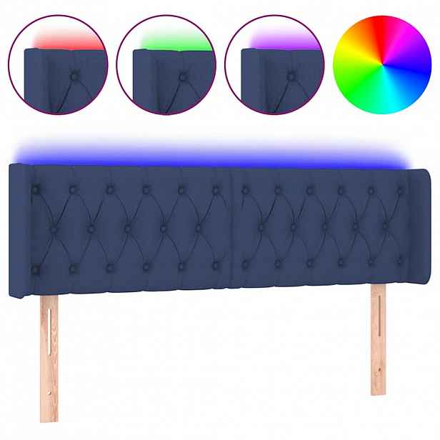 vidaXL Čelo postele s LED modré 163 x 16 x 78/88 cm textil