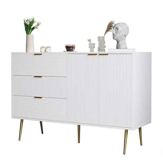 Redom SIDEBOARD 120/38/80,5 cm s 3 zásuvkami, 2 dvířky a vnitřními policemi, vlnitý dekor, Bílá / Zlatá