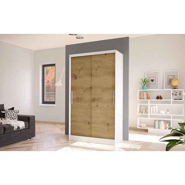 Moderní šatní skříň BRUNO 1 - šířka 100 cm, bílá / dub artisan